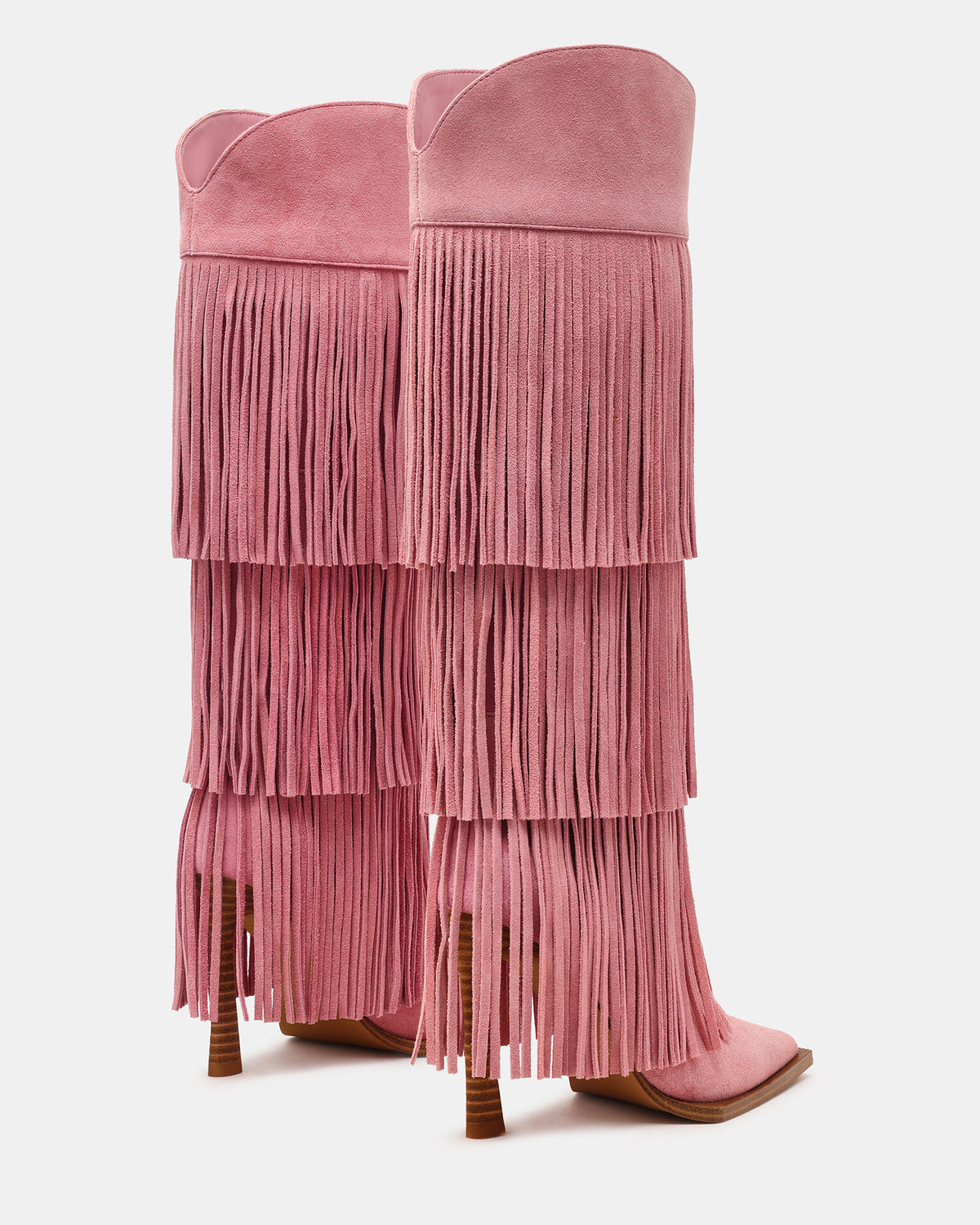 KINZEE Fringe Pink Suede Pointed-Toe Knee-High Western Stiletto Women's Boot | Steve Madden