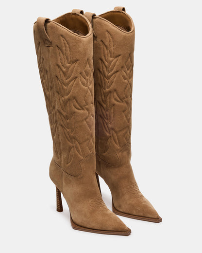 KINZEE Taupe Suede Pointed-Toe Knee-High Western Stiletto Women's Boot | Steve Madden