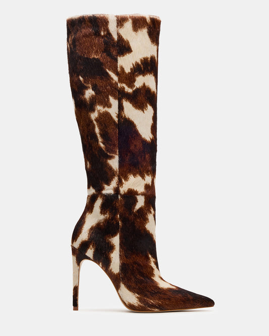 NITRO Brown Cow Print Pointed-Toe Stiletto Heel Knee-High Women's Boots | Steve Madden
