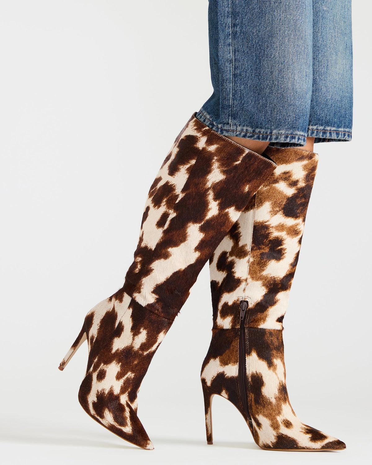 NITRO Brown Cow Print Pointed-Toe Stiletto Heel Knee-High Women's Boots | Steve Madden