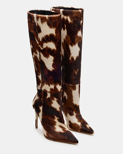NITRO Brown Cow Print Pointed-Toe Stiletto Heel Knee-High Women's Boots | Steve Madden
