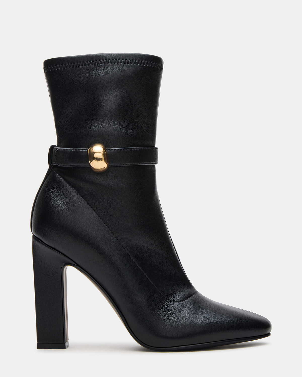AROMA Black Buckle Gold Detail Block Heel Women's Ankle Boot | Steve Madden