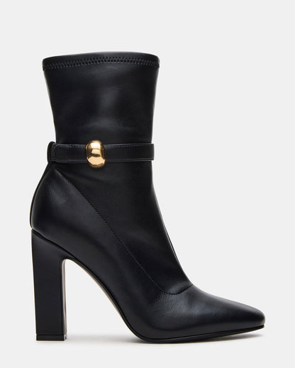 AROMA Black Buckle Gold Detail Block Heel Women's Ankle Boot | Steve Madden