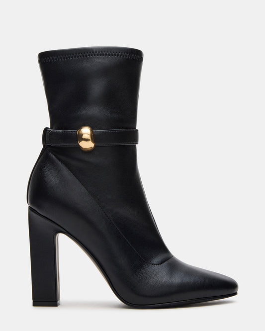 AROMA Black Buckle Gold Detail Block Heel Women's Ankle Boot | Steve Madden