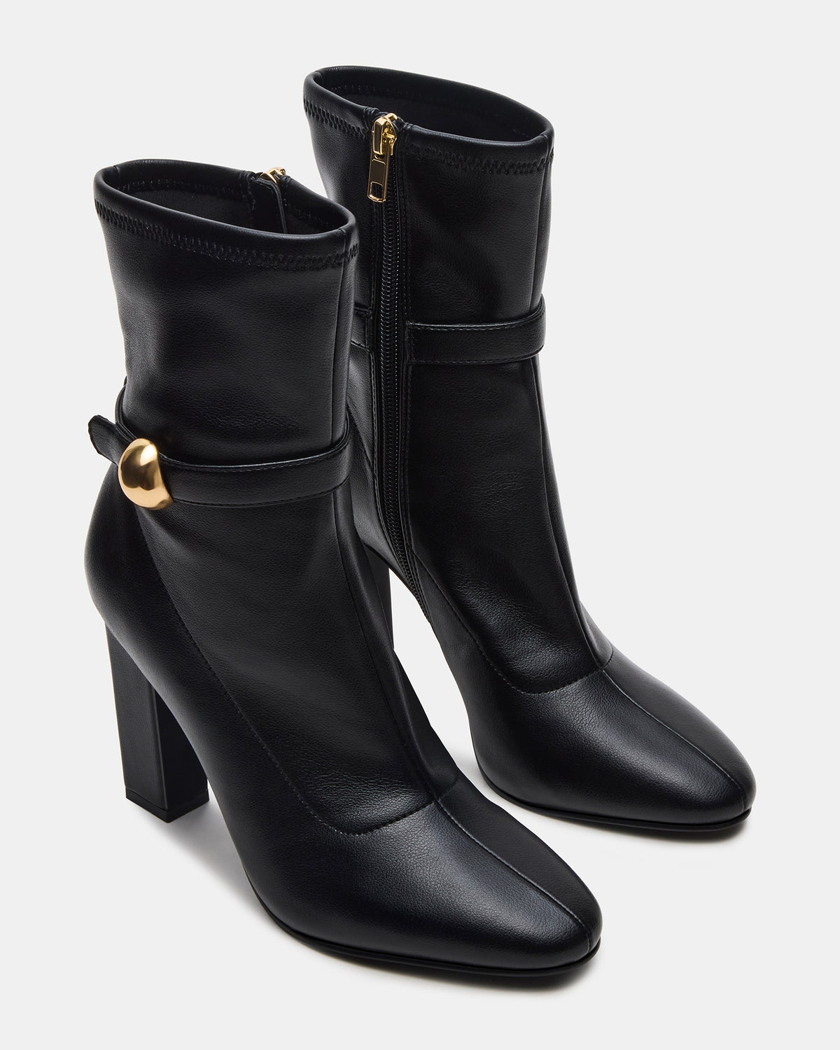 AROMA Black Buckle Gold Detail Block Heel Women's Ankle Boot | Steve Madden