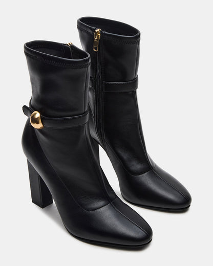AROMA Black Buckle Gold Detail Block Heel Women's Ankle Boot | Steve Madden