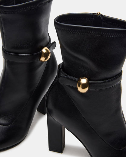 AROMA Black Buckle Gold Detail Block Heel Women's Ankle Boot | Steve Madden