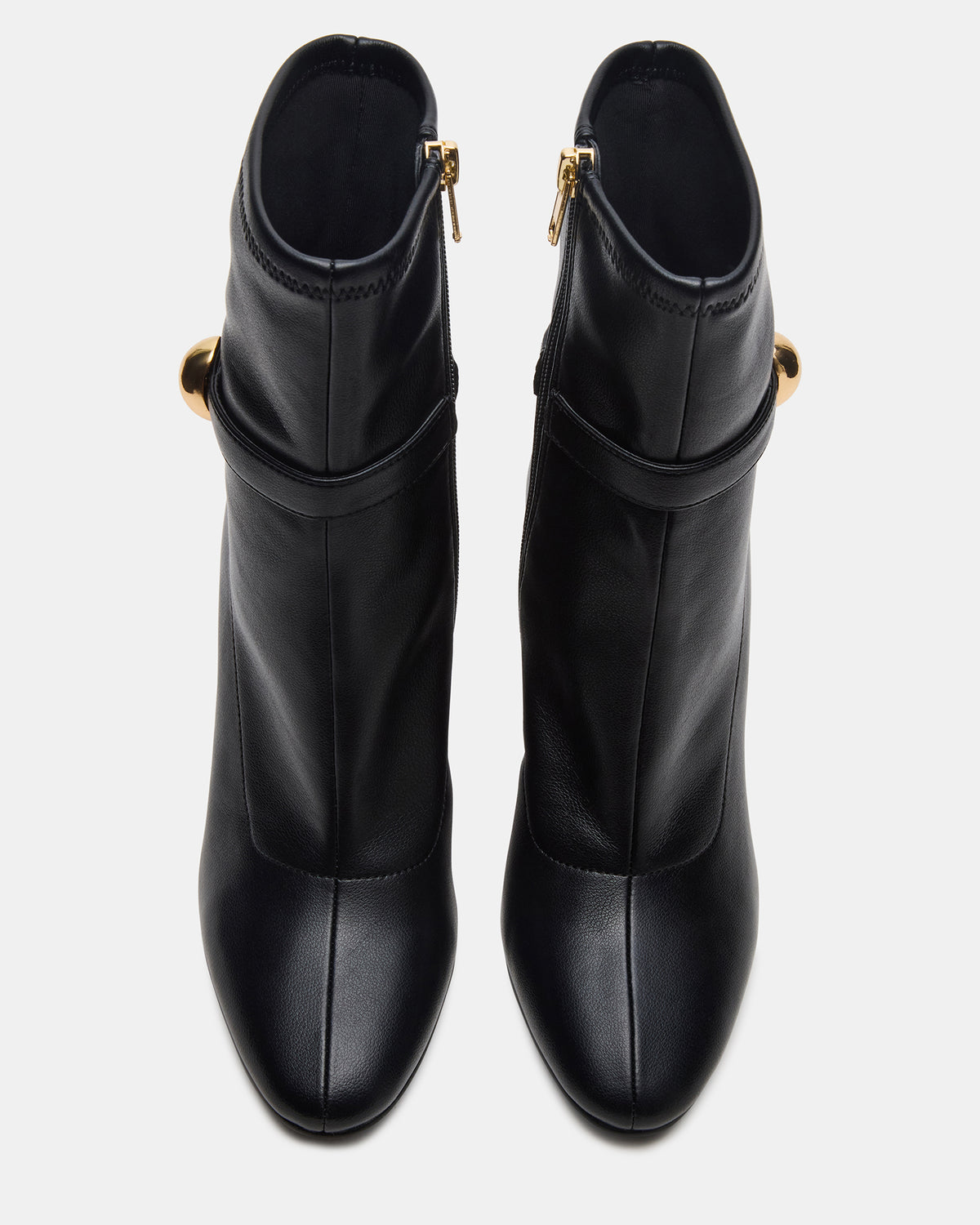AROMA Black Buckle Gold Detail Block Heel Women's Ankle Boot | Steve Madden
