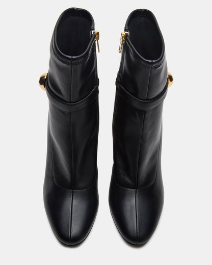 AROMA Black Buckle Gold Detail Block Heel Women's Ankle Boot | Steve Madden