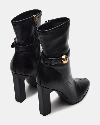AROMA Black Buckle Gold Detail Block Heel Women's Ankle Boot | Steve Madden