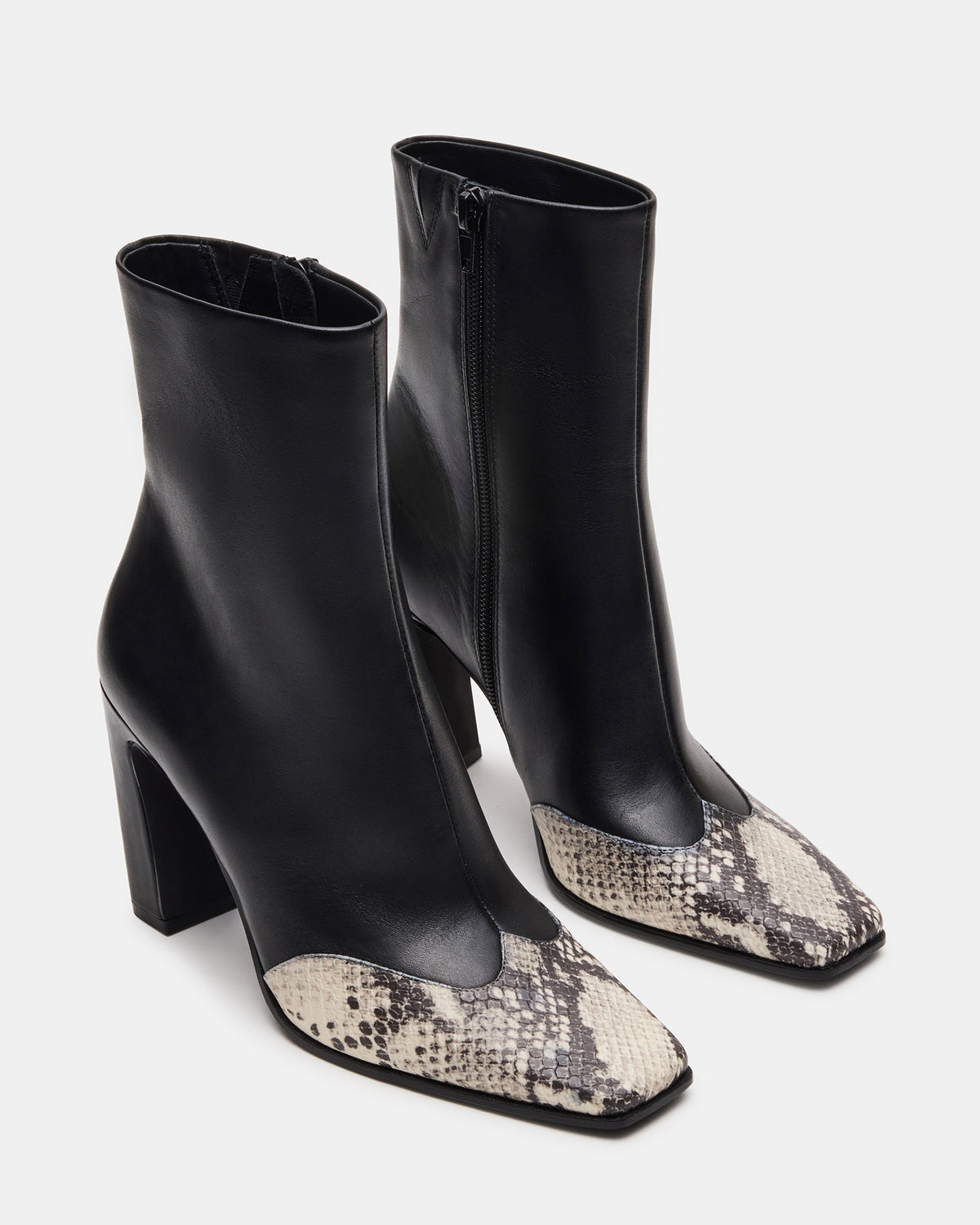 LYLE Black Leather with Snake Square-Toe Heeled Women's Ankle Boot | Steve Madden