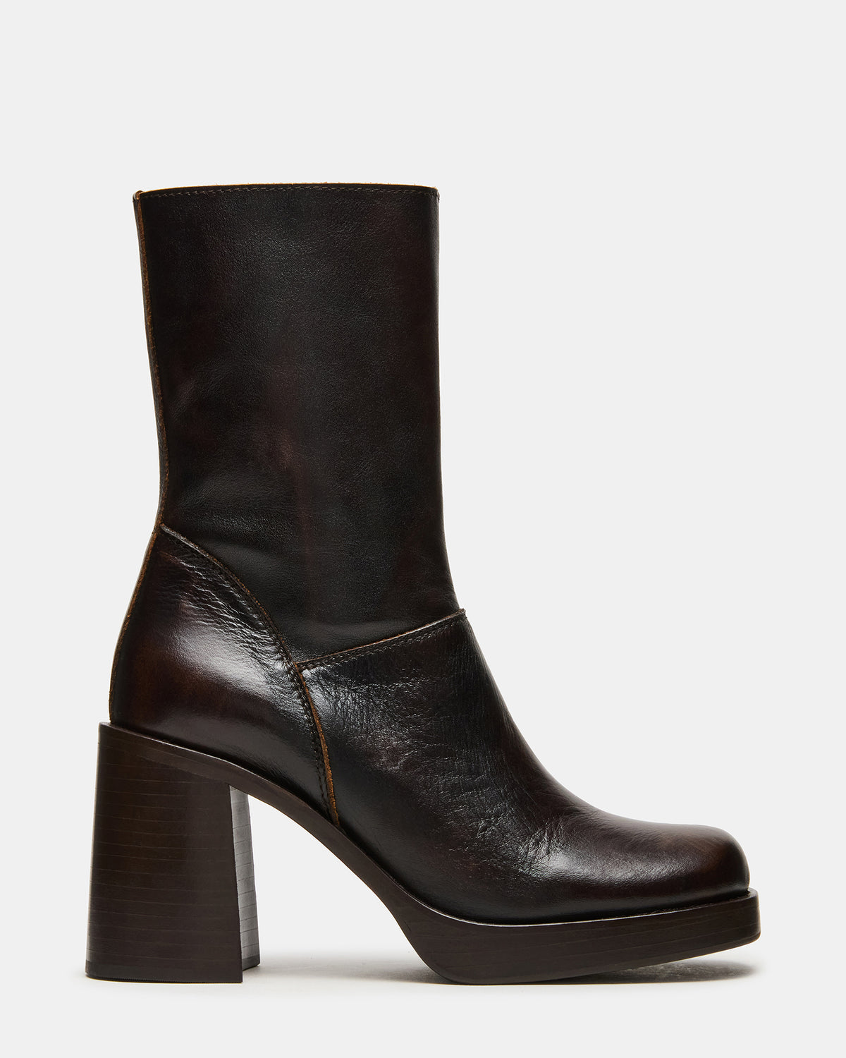 FUSION Brown Distressed Square-Toe Block Heel Women's Ankle Boot | Steve Madden