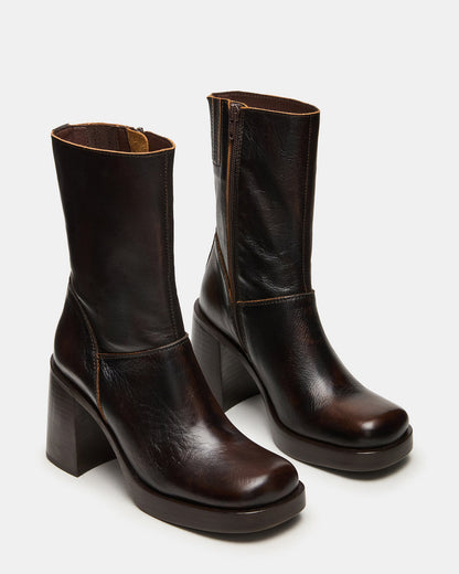 FUSION Brown Distressed Square-Toe Block Heel Women's Ankle Boot | Steve Madden