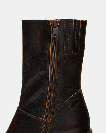 FUSION Brown Distressed Square-Toe Block Heel Women's Ankle Boot | Steve Madden