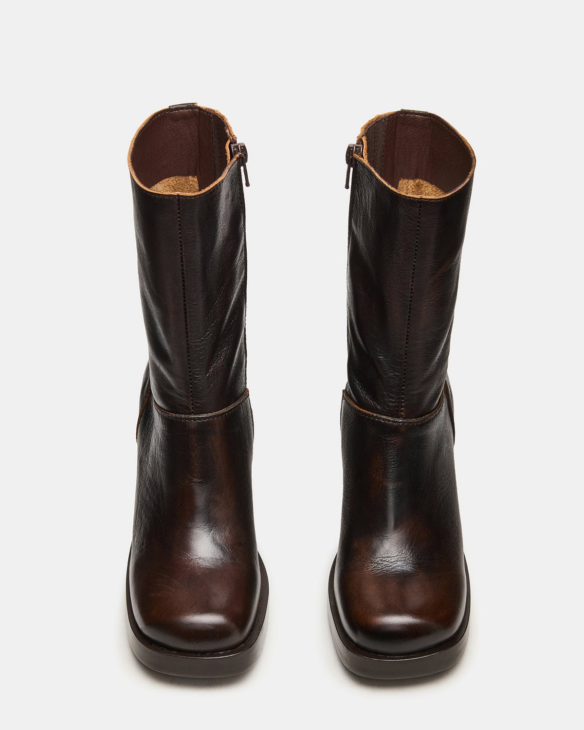 FUSION Brown Distressed Square-Toe Block Heel Women's Ankle Boot | Steve Madden