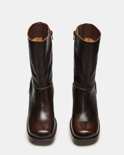FUSION Brown Distressed Square-Toe Block Heel Women's Ankle Boot | Steve Madden