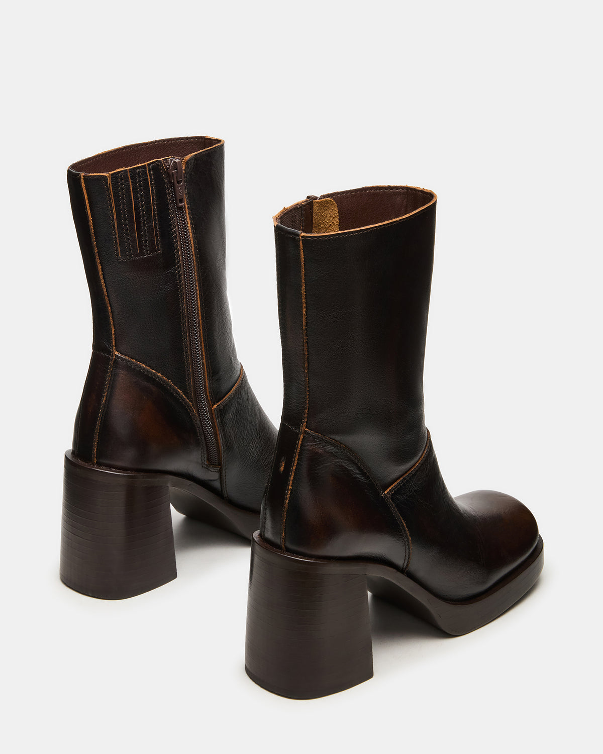 FUSION Brown Distressed Square-Toe Block Heel Women's Ankle Boot | Steve Madden