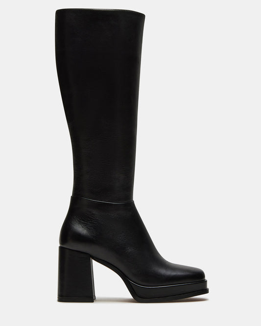 MYSTERY Black Leather Women's Block Heel Platform Boot | Steve Madden