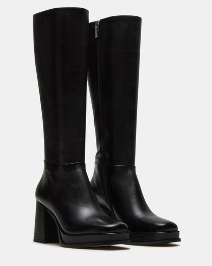 MYSTERY Black Leather Women's Block Heel Platform Boot | Steve Madden
