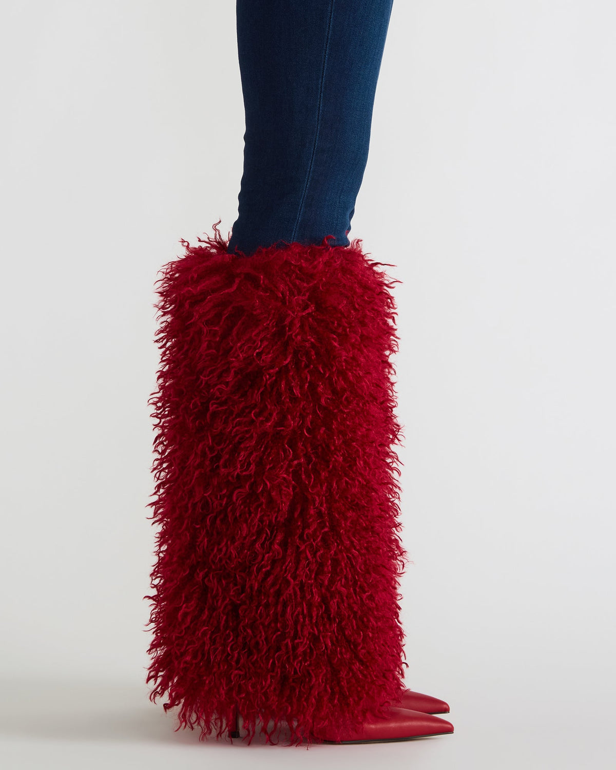 ICON Red Pointed-Toe Faux Fur Knee-High Stiletto Heel Women's Boot | Steve Madden