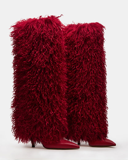 ICON Red Pointed-Toe Faux Fur Knee-High Stiletto Heel Women's Boot | Steve Madden