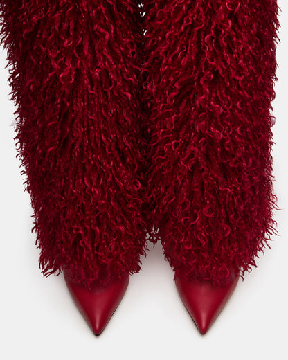 ICON Red Pointed-Toe Faux Fur Knee-High Stiletto Heel Women's Boot | Steve Madden
