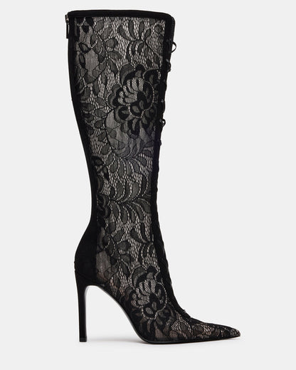 MAXINE Black Lace Pointed-Toe Knee-High Lace-Up Stiletto Women's Boot | Steve Madden