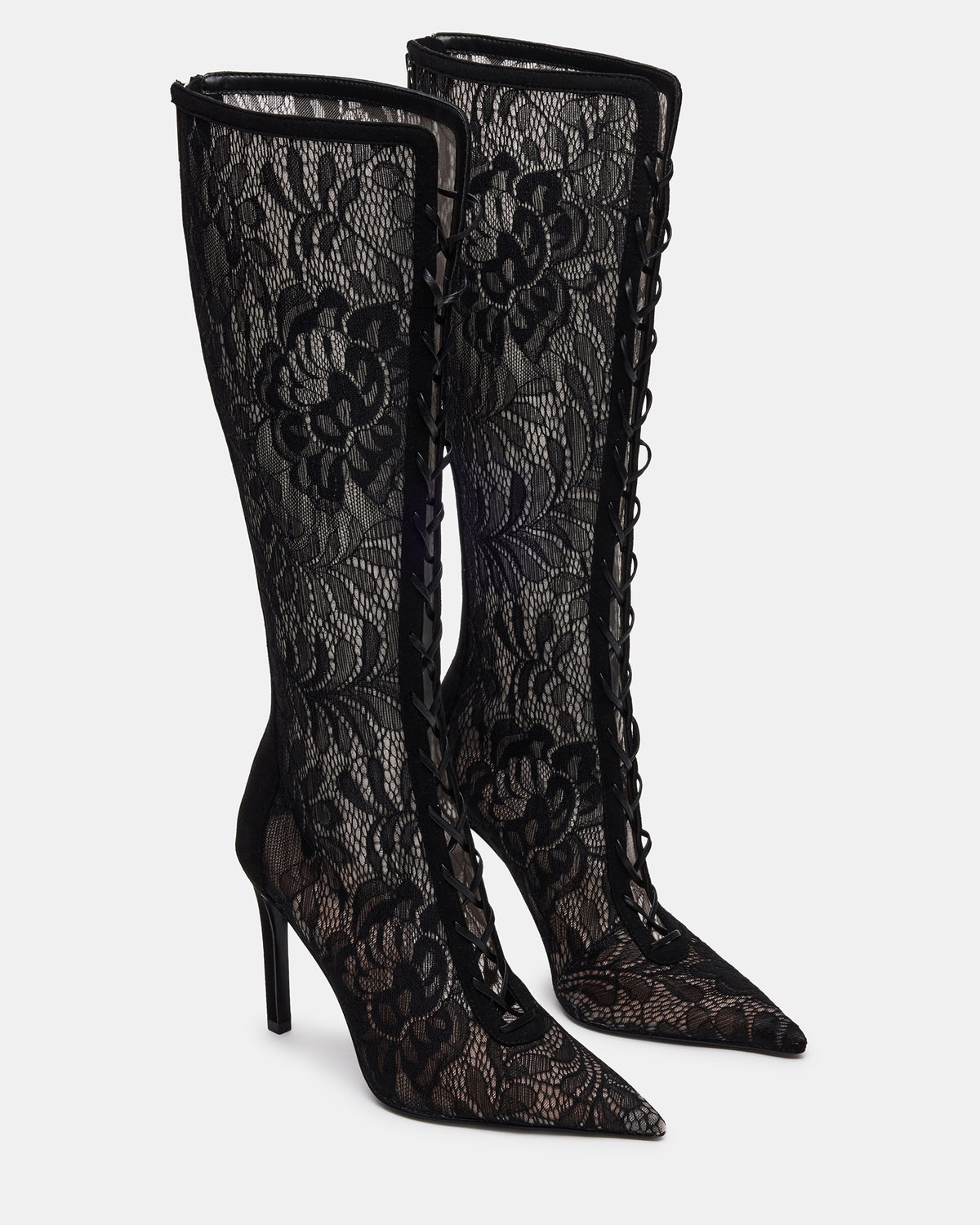 MAXINE Black Lace Pointed-Toe Knee-High Lace-Up Stiletto Women's Boot | Steve Madden