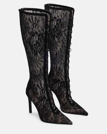MAXINE Black Lace Pointed-Toe Knee-High Lace-Up Stiletto Women's Boot | Steve Madden