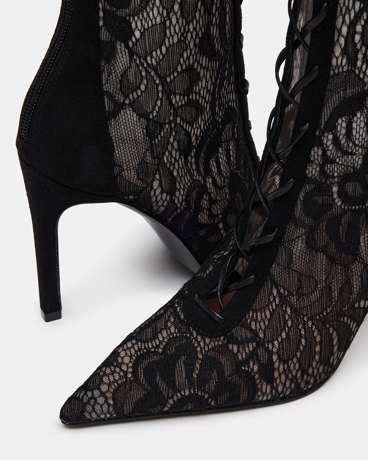 MAXINE Black Lace Pointed-Toe Knee-High Lace-Up Stiletto Women's Boot | Steve Madden