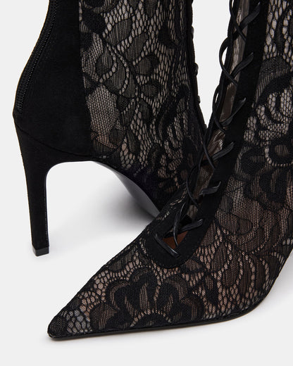 MAXINE Black Lace Pointed-Toe Knee-High Lace-Up Stiletto Women's Boot | Steve Madden