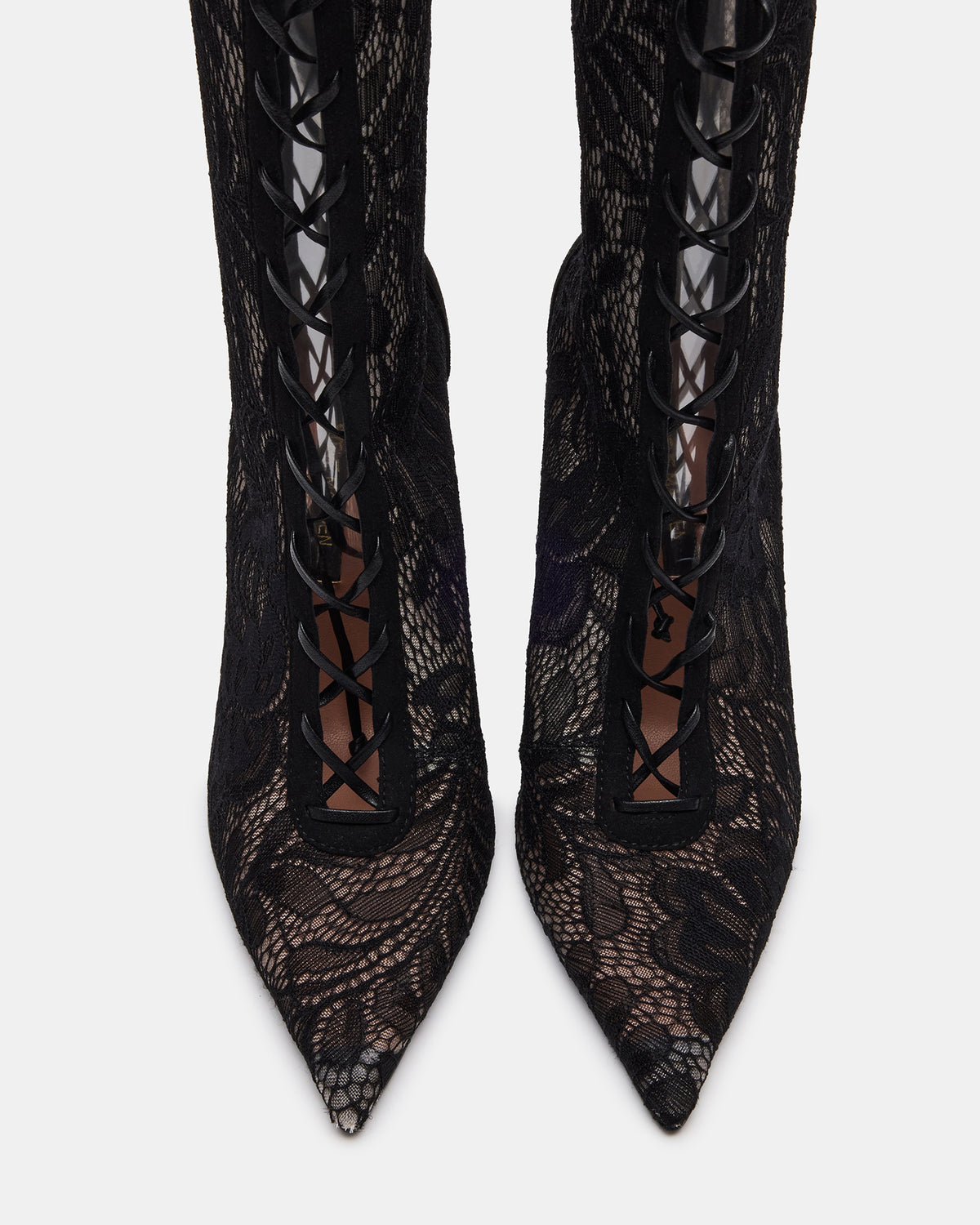 MAXINE Black Lace Pointed-Toe Knee-High Lace-Up Stiletto Women's Boot | Steve Madden