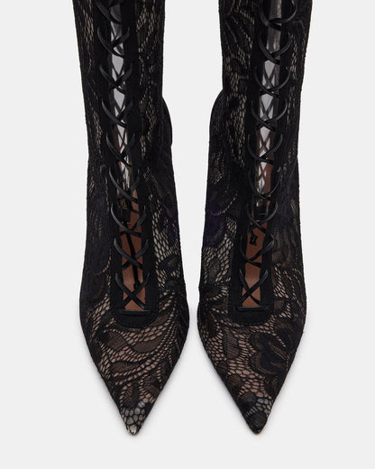 MAXINE Black Lace Pointed-Toe Knee-High Lace-Up Stiletto Women's Boot | Steve Madden