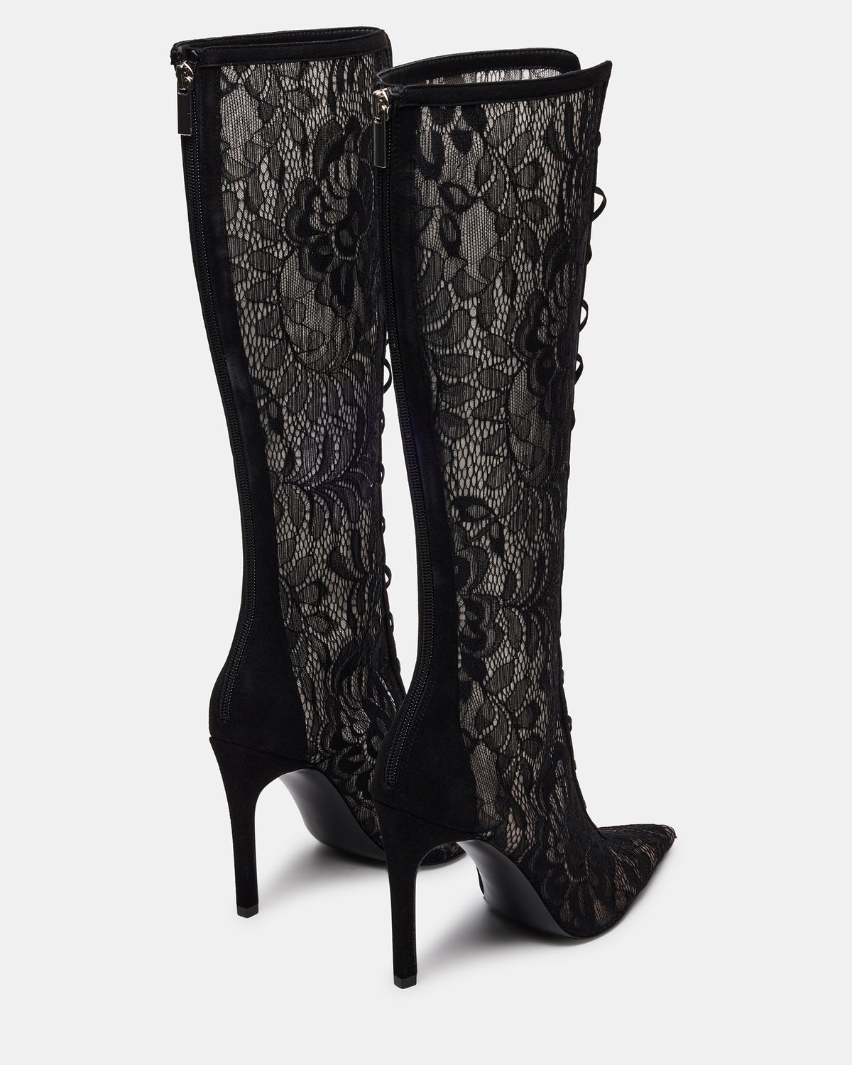 MAXINE Black Lace Pointed-Toe Knee-High Lace-Up Stiletto Women's Boot | Steve Madden