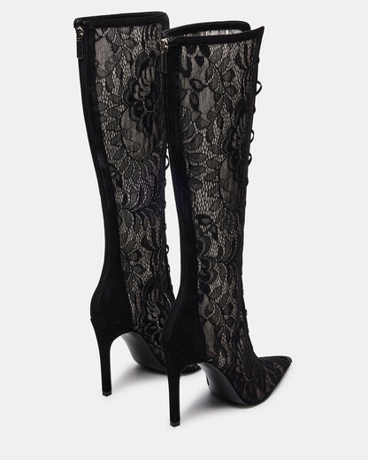 MAXINE Black Lace Pointed-Toe Knee-High Lace-Up Stiletto Women's Boot | Steve Madden