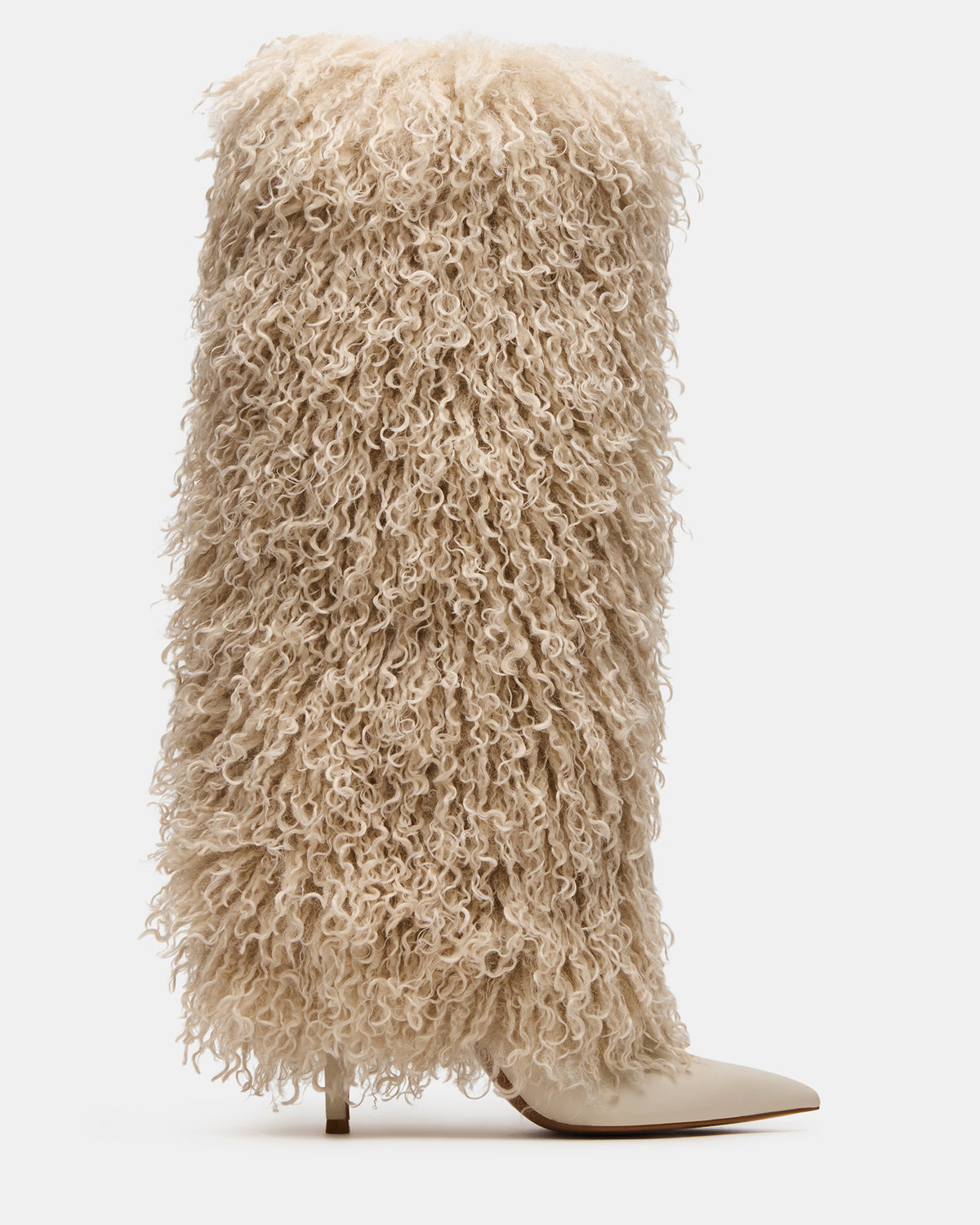 ICON Off-White Pointed-Toe Faux Fur Knee-High Stiletto Heel Women's Boot | Steve Madden