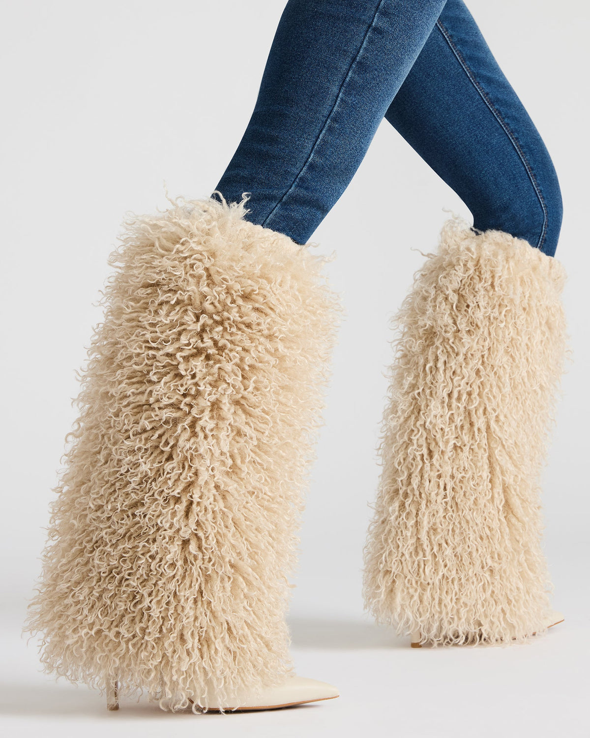 ICON Off-White Pointed-Toe Faux Fur Knee-High Stiletto Heel Women's Boot | Steve Madden