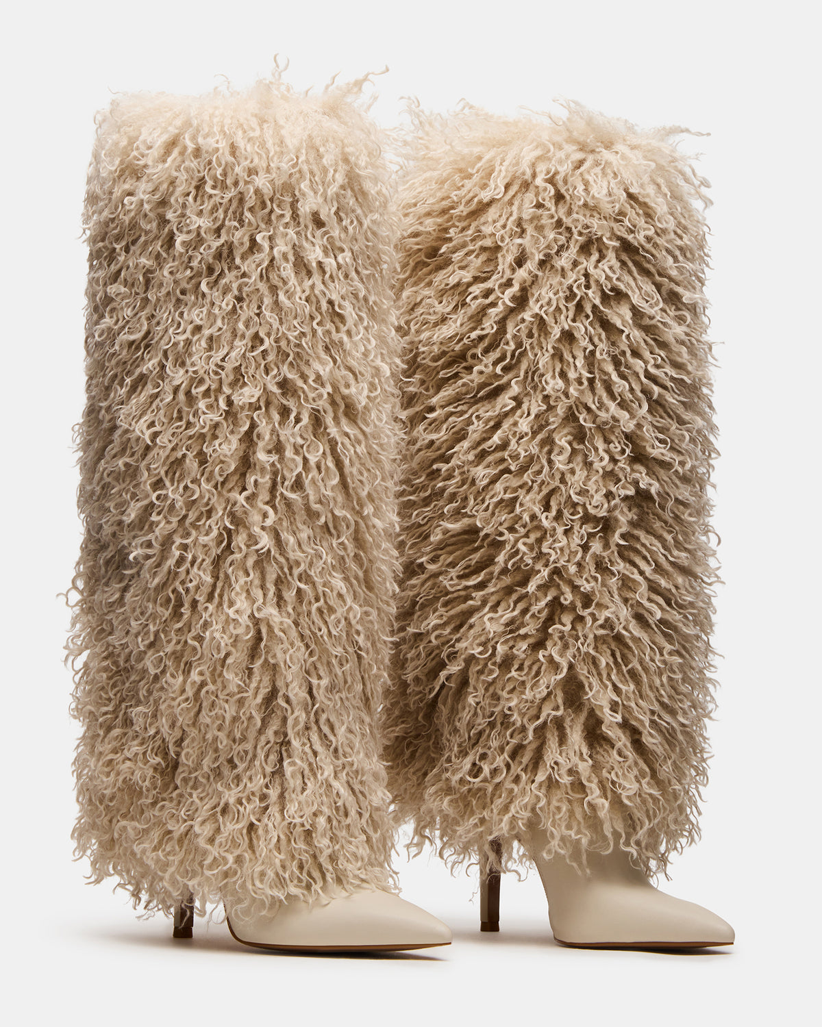 ICON Off-White Pointed-Toe Faux Fur Knee-High Stiletto Heel Women's Boot | Steve Madden
