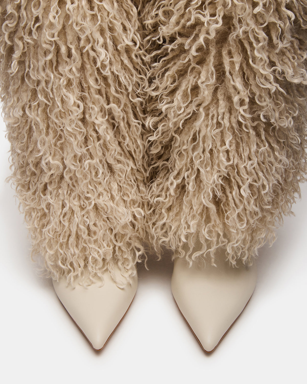 ICON Off-White Pointed-Toe Faux Fur Knee-High Stiletto Heel Women's Boot | Steve Madden