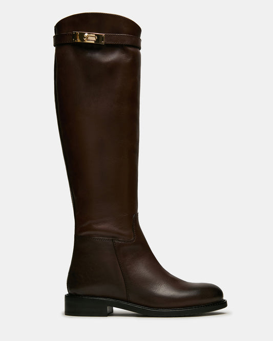 BEXLEY Brown Leather Knee-High Round-Toe Buckle Women's Boot | Steve Madden