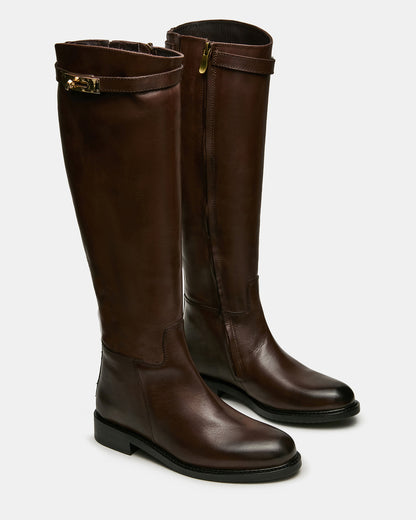 BEXLEY Brown Leather Knee-High Round-Toe Buckle Women's Boot | Steve Madden