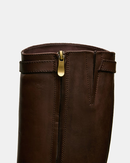 BEXLEY Brown Leather Knee-High Round-Toe Buckle Women's Boot | Steve Madden