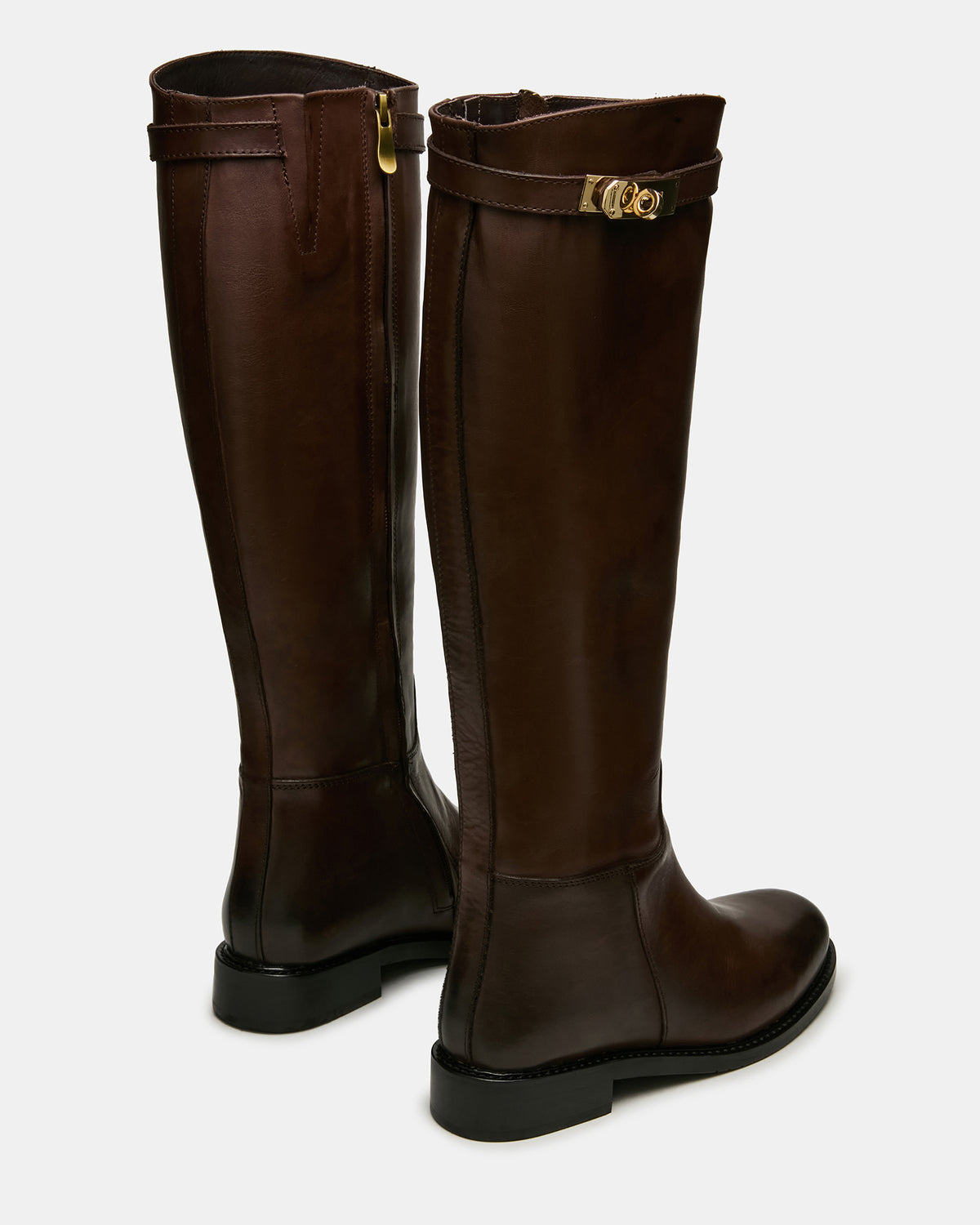 BEXLEY Brown Leather Knee-High Round-Toe Buckle Women's Boot | Steve Madden