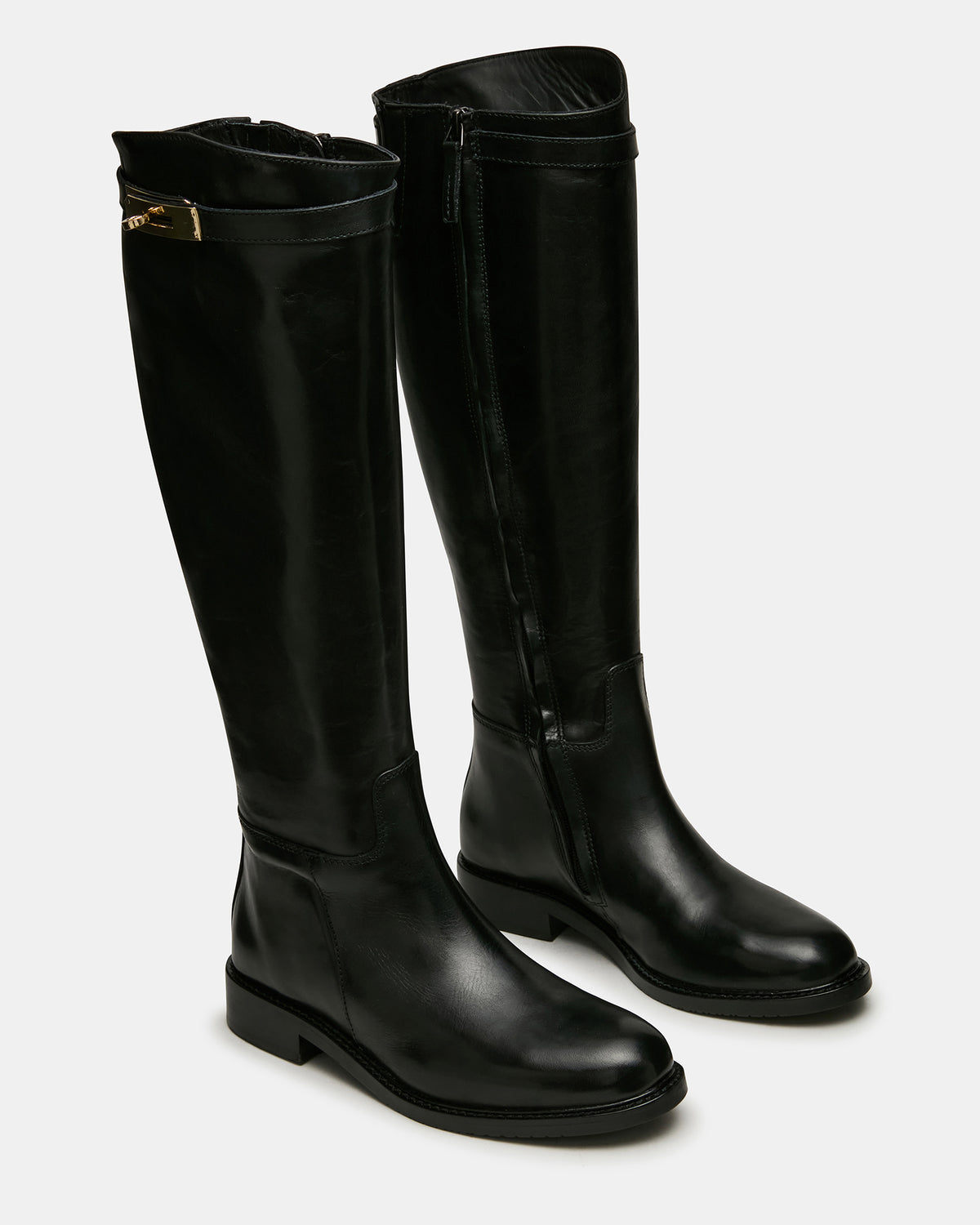 BEXLEY Black Leather Knee-High Round-Toe Buckle Women's Boot | Steve Madden