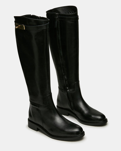 BEXLEY Black Leather Knee-High Round-Toe Buckle Women's Boot | Steve Madden