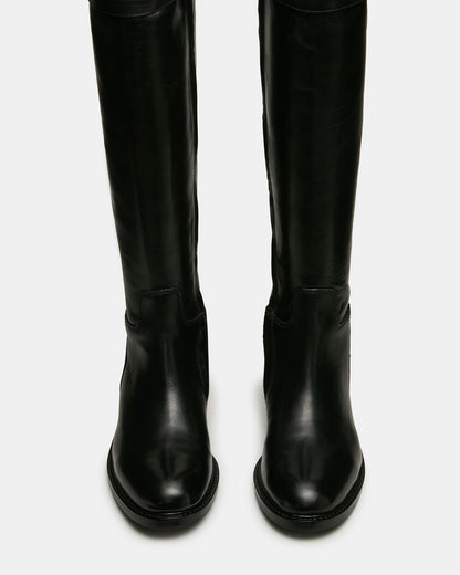 BEXLEY Black Leather Knee-High Round-Toe Buckle Women's Boot | Steve Madden