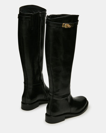 BEXLEY Black Leather Knee-High Round-Toe Buckle Women's Boot | Steve Madden