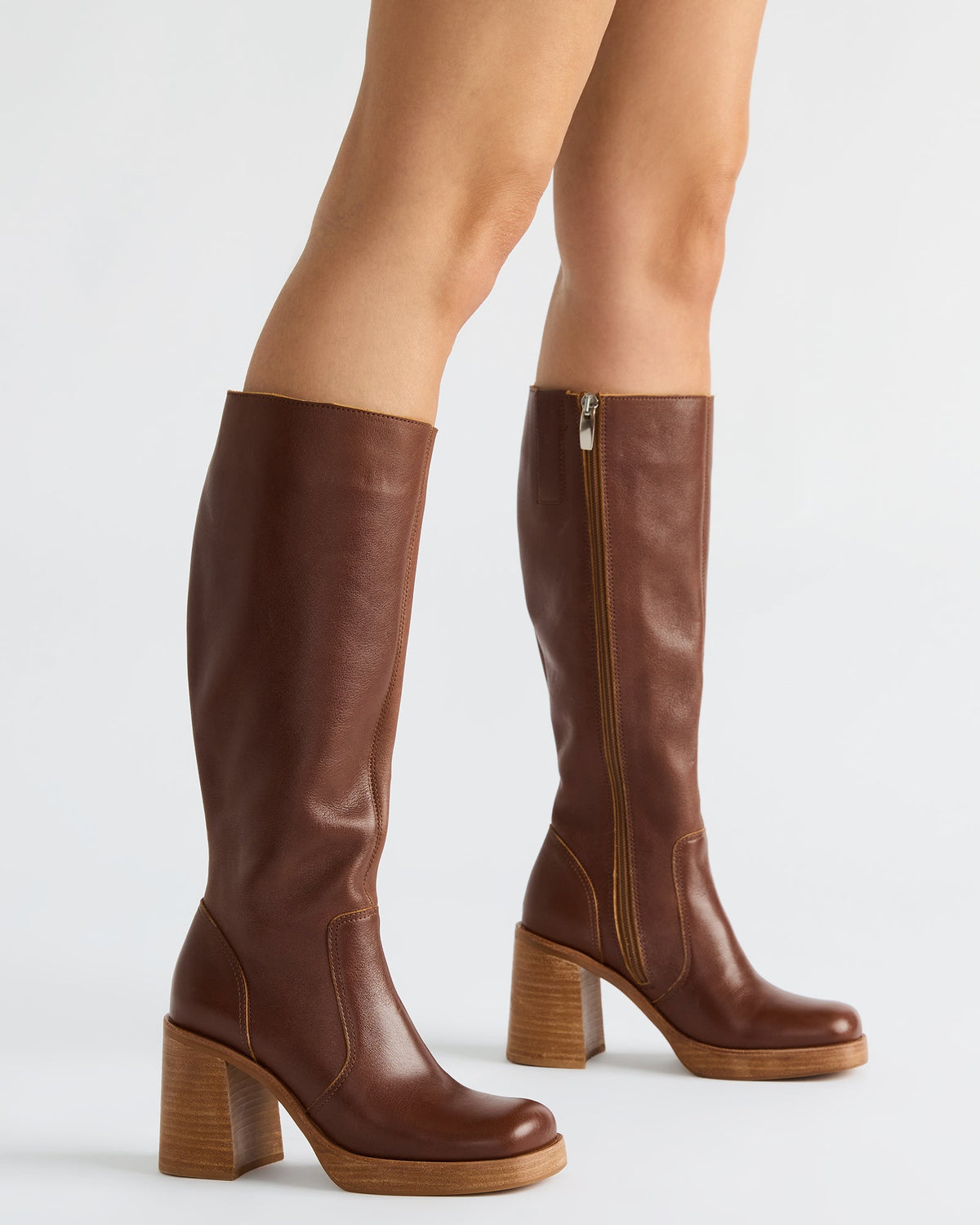FOLIE Rust Leather Square-Toe Block Heel Knee-High Women's Boot | Steve Madden
