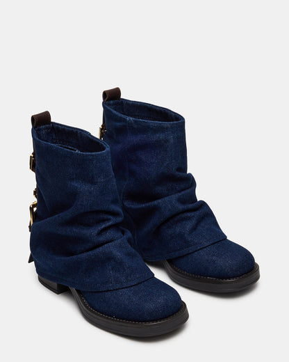 BENJI Denim Fabric Cuffed Fold-Over Moto Buckle Women's Ankle Boot | Steve Madden