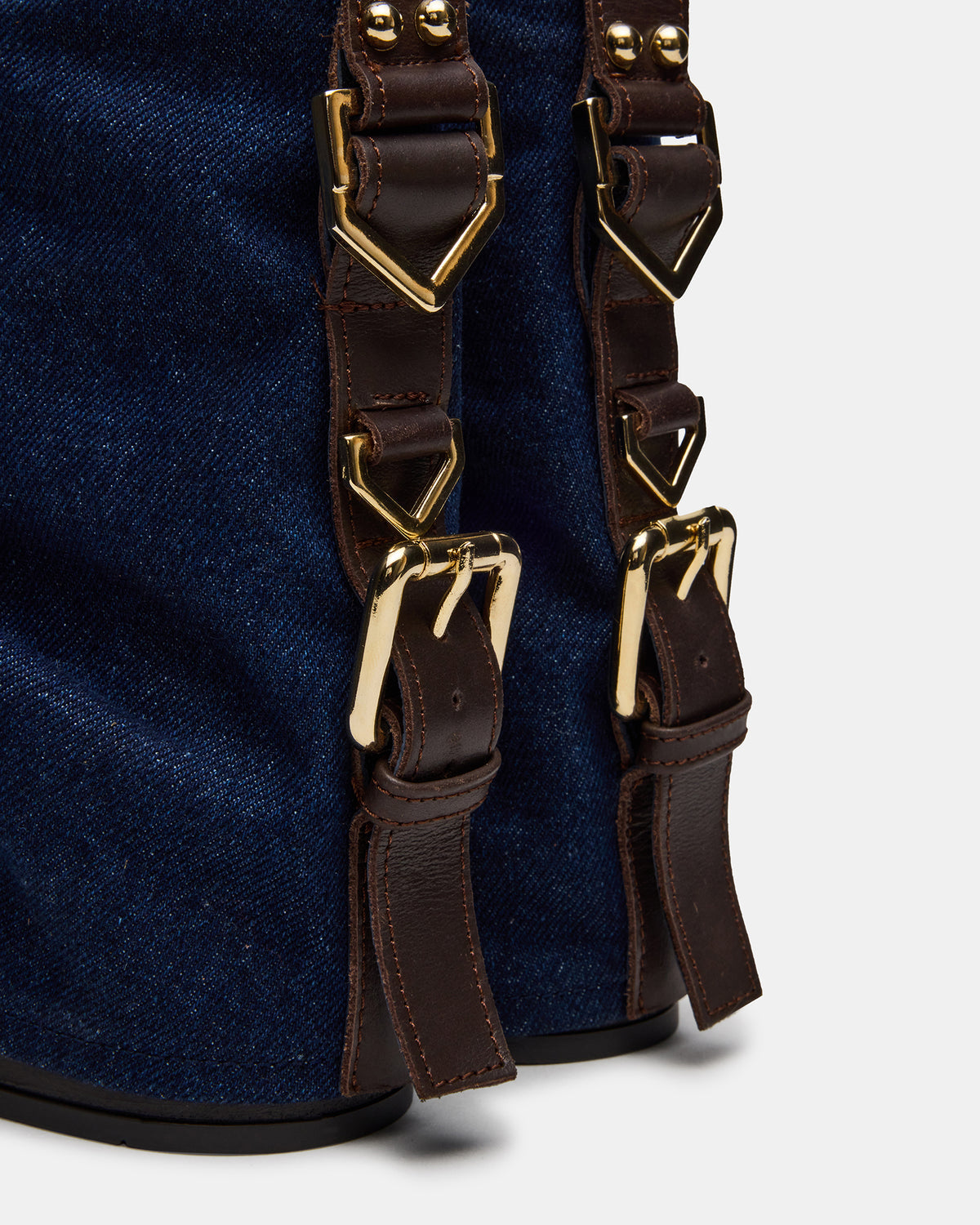 BENJI Denim Fabric Cuffed Fold-Over Moto Buckle Women's Ankle Boot | Steve Madden